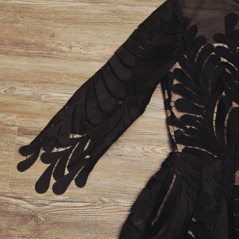 BHLDN Black Long Sleeve Sheer Appliqué Tea-Length Dress - Picture 7 of 16